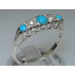 925 Sterling Silver Natural Turquoise and Cultured Pearl Womens Promis