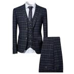 Mens 3 Piece Slim fit Checked Suit Blue/Black Single Breasted Vintage