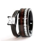 His &amp; Hers Natural Koa Wood CZ 3 pcs Surgical Black Stainless Steel En