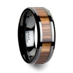 Black Ceramic Wedding Ring with Real Zebra Wood Inlay and Polished Bev