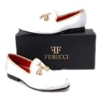 FERUCCI Handmade White Men Velvet Slippers Loafers with Gold Tassel (1