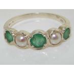 925 Sterling Silver Natural Emerald and Cultured Pearl Womens Band Rin