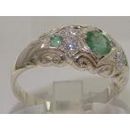 925 Sterling Silver Natural Emerald and Diamond Womens Band Ring - Siz