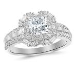 1.2 Cttw 14K White Gold Cushion Cut Double Row Baguette and Round Halo