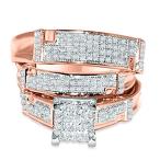 Midwest Jewellery Rose Gold Trio Wedding Set Mens Women Rings Real 1/2