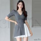 夏スーツワンピースタイトワンピースミニ 半袖プリーツドッキングワンピース 着痩せ 韓国風 ワンピーススーツ 夏物 スーツワンピース卒業式 卒園式 入学式 大人
