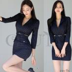 ショッピングワンピース 夏 夏スーツワンピースミニ タイトワンピースミニ７分袖ストライプ柄ワンピース 着痩せ 韓国風ドッキングワンピーススーツ 夏物 スーツ卒業式 卒園式 入学式 大人