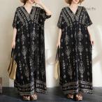 ショッピングリゾート サマーワンピース 綿麻マキシワンピース４０代夏半袖Vネック ゆったり涼しい可愛いワンピースギャザーお洒落 着痩せ ビーチワンピースリゾート大人ママ服