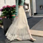 夏チュールスカートロングフリルティアードスカート可愛いウエストゴムチュールスカート涼しいフレアスカート軽いパーティーマキシチュールスカートボトムス黒