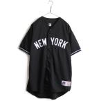 00s 大きいサイズ XL 人気 黒 ■ MLB オフィシャル RUSSEL ニューヨーク ヤンキース 半袖 ベースボール シャツ ( メンズ ) 古着 半袖シャツ