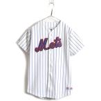 00s ■ MLB オフィシャル Majestic ニューヨーク メッツ ストライプ 半袖 ベースボール シャツ ( メンズ S 程) 古着 00年代 ゲームシャツ