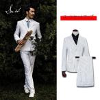 白 ストライプ ドレススーツ男性ダブルブレストメンズ 2 ピースセットスーツブレザー Weddding ビジネス歌手 衣装ジャケットオムやつ