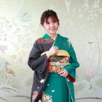 振袖レンタル 成人式 高級正絹 FS-826 緑色・墨色 鼓・蝶 振袖 レンタル 式典 正絹 振袖レンタル ふりそでレンタル 安い 送料無料　