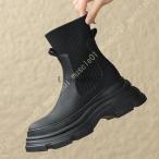 ファッションブーツ 厚底ニットミドルブーツ レディース ショートブーツ レディース サイドニット ブーツ 太ヒール ストレッチブーツ 歩きやすい ラウンドトゥ