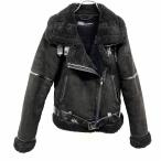 ショッピングzara ザラ ZARA フェイクムートン ライダースジャケット 長袖 無地 裏ボア ダブルブレスト アウター ポリ100% XS ブラック 黒 レディース