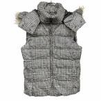 ユニクロ UNIQLO ダウンベスト 千鳥格子 フードとファー脱着可 ナイロン100%(ダウン80%+フェザー20%) M アイボリー 生成り×黒 レディース