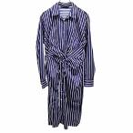 ザラ ZARA シャツワンピース 開襟 ロング ストライプ フロントツイスト 長袖 綿×ナイロン×ポリウレタン S ネイビー 紺×白 レディース