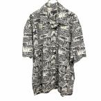 ユニクロ UNIQLO アロハシャツ 総柄 民族柄 開襟 胸ポケット 半袖 ボックスカット レーヨン100% L アイボリー 生成り色×黒 メンズ