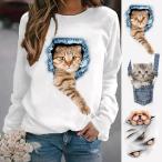  футболка симпатичный 3D кошка собака женский длинный рукав с изнанки флис мельчайший ворсистый осень-зима вырез лодочкой .... чёрный белый серый поверхность белый интересный 