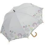日傘 ショート日傘 完全遮光 遮熱 UVカット フェザー 羽 刺繍 かわず張り 涼しい 晴雨兼用傘 特殊2重張り (ボタニカル・グレー 長がさ)
