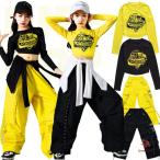 ステージ衣装 ダンス衣装 ヒップホップ セットアップ キッズダンス トップス パンツ ブラック 黒 イェロー 黄色 女の子 ジャズダンス ダンスウェア 韓国風 チア