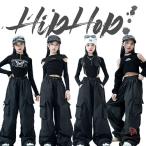 黒系 キッズ ダンス衣装 女の子 トップス 長袖 セットアップ カーゴパンツ ロングパンツ へそ出し 子供服 ヒップホップ ゆったり キッズ ダンス セットアップ