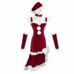サンタ コスプレ コス サンタコス ワンピース アシンメトリー キャミソール コスチューム クリスマス サンタクロース 帽子付き 手袋 ベロア素材 フリル 蝶結び