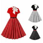 ショッピング水玉 大きい裾ワンピース 水玉柄　リボン付き レトロドレス 女性 大きい裾 フレアドレスムスクテール?カラー レディースダンス衣装 膝丈 ミモレ丈 花柄ドレス 発表会