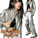 シルバー 韓国 ジャズダンス 衣装 大人 レディース レーシング ジャケット パンツ 長袖 ヒップホップ ストリート カーゴパンツ ポケット k-pop 銀色 ステージ衣