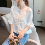 【送料無料】シフォン チュニック レディース トップス パフスリーブブラウス ワイド ブラウス 五分袖 シャツ パフスリーブ おしゃれ ナチュラル