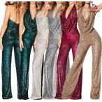 ショッピングレディ 夏 スパンコール オールインワン ロングパンツ パンツドレス レディース 夏新作 ホルター?ネック バックレス 背中あき セクシー きらきら ノースリーブ つなぎ服 ガ