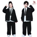 黒 白 ダンス衣装 キッズ ダンススーツ ヒップホップ 女の子 男の子 発表会 長袖 シャツ ジャケット ロングパンツ ネクタイ セットアップ かっこいい K-POP 男女