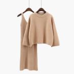 セットアップツーピーススカートスーツリブニットセーターワンピースプルオーバ...