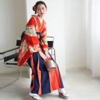 袴 レンタル 卒業式 袴 2尺袖着物 袴 17点セット モダンアンテナ レトロ モダン 袴セット 花 朱赤の古布アンティークタッチ花矢羽根