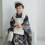 レンタル 七五三 3歳 男の子 ひよこ商店 ベレー帽 被布フルセット ベージュ金彩×墨黒の菊重ね レトロ 三歳 三才 男子 男児