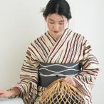 浴衣 レディース セット(浴衣 帯 下駄) 古典柄 レトロ utatane 綿麻 高級変わり織 先染めベージュ レトロ赤のよろけ縞