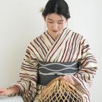 浴衣 レディース セット（浴衣 帯 下駄） 古典柄 レトロ utatane 綿麻 高級変わり織 先染めベージュ レトロ赤のよろけ縞 夏鈴（@twityyy__）ちゃん着用