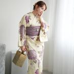 浴衣 セット レディース フリーサイズ 3点セット 浴衣/帯/下駄 紫陽花 ベージュ 紫 薄紫 ラベンダー 藤色 綿麻 先染めベージュ ラベンダーの紫陽花