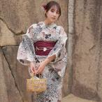 浴衣 セット レディース フリーサイズ 3点セット(浴衣/帯/下駄) utatane レトロ 花 ベージュ系 綿 先染めベージュ風 ブラウンの菊づくし