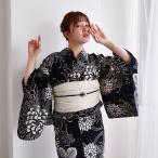 浴衣 レディース セット utatane×注染工房 浴衣3点セット 先染めベージュ 黒地に大輪の菊 本染め にじみ フリーサイズ 浴衣セット(ゆかた・帯・下駄) ●