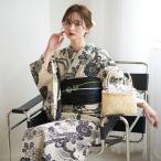 浴衣 レディース セット utatane utatane×注染工房 浴衣3点セット モダンブラックの牡丹と菊 注染 にじみ フリーサイズ 浴衣セット(ゆかた・帯・下駄)