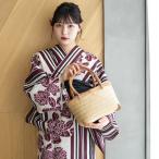 浴衣 レディース セット ニコアンティーク 高級変わり織 浴衣3点セット 大正浪漫えんじ縞と牡丹の染分け フリーサイズ 浴衣セット(ゆかた・帯・下駄)
