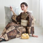浴衣 レディース セット ニコアンティーク 高級変わり織 浴衣3点セット 珈琲色の変わり市松と小菊 フリーサイズ 浴衣セット（ゆかた・帯・下駄） レトロ
