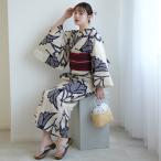 浴衣 レディース セット utatane×注染工房 浴衣3点セット 先染めベージュに紺の横見桜 特選 注染 手染め フリーサイズ 浴衣セット（ゆかた・帯・下駄）