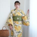 浴衣 レディース セット utatane×注染工房 浴衣3点セット 先染めベージュ からしと抹茶の小菊と扇面 手染め フリーサイズ 浴衣セット（ゆかた・帯・下駄）