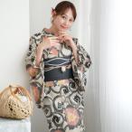 浴衣 レディース セット utatane×注染工房 浴衣3点セット 先染めベージュ グレーに色づく葵唐草 手染め フリーサイズ 浴衣セット(ゆかた・帯・下駄) ●