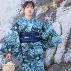 浴衣 レディース セット utatane 高級変わり織 浴衣3点セット ブルーと鉄紺の桔梗影絵 フリーサイズ 浴衣セット（ゆかた・帯・下駄）うたたね レトロ