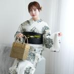 浴衣 レディース セット ニコアンティーク 高級変わり織 浴衣3点セット グリーンの花輪よろけ縞 フリーサイズ 浴衣セット(ゆかた・帯・下駄) レトロ ●