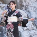 浴衣 レディース セット utatane 高級変わり織 浴衣3点セット かすれ黒地に連なる疋田菊 フリーサイズ 浴衣セット(ゆかた・帯・下駄)うたたね レトロ 黒