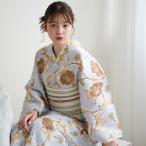 浴衣 レディース セット utatane 高級変わり織 浴衣3点セット ブルーグレーに椿唐草 フリーサイズ 浴衣セット(ゆかた・帯・下駄)レトロ